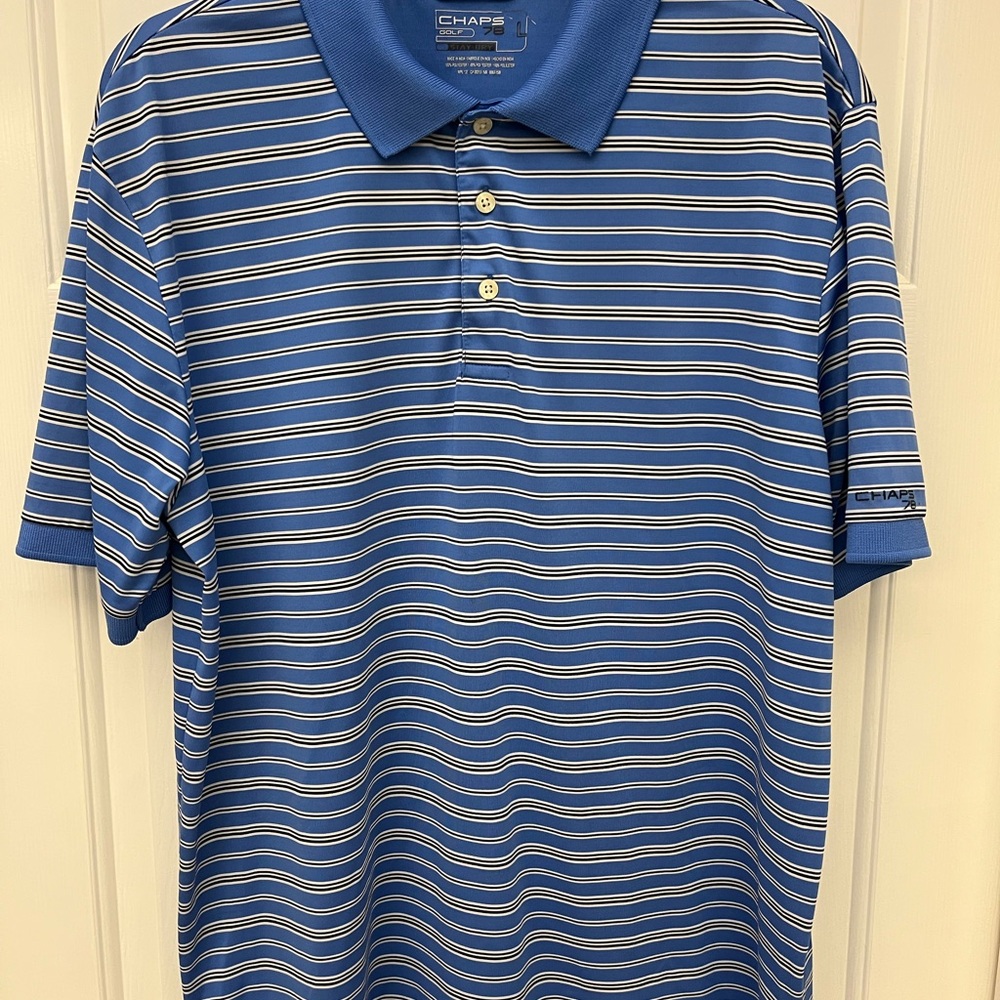Chaps Men’s Blue Striped Polo with White and Navy Accents